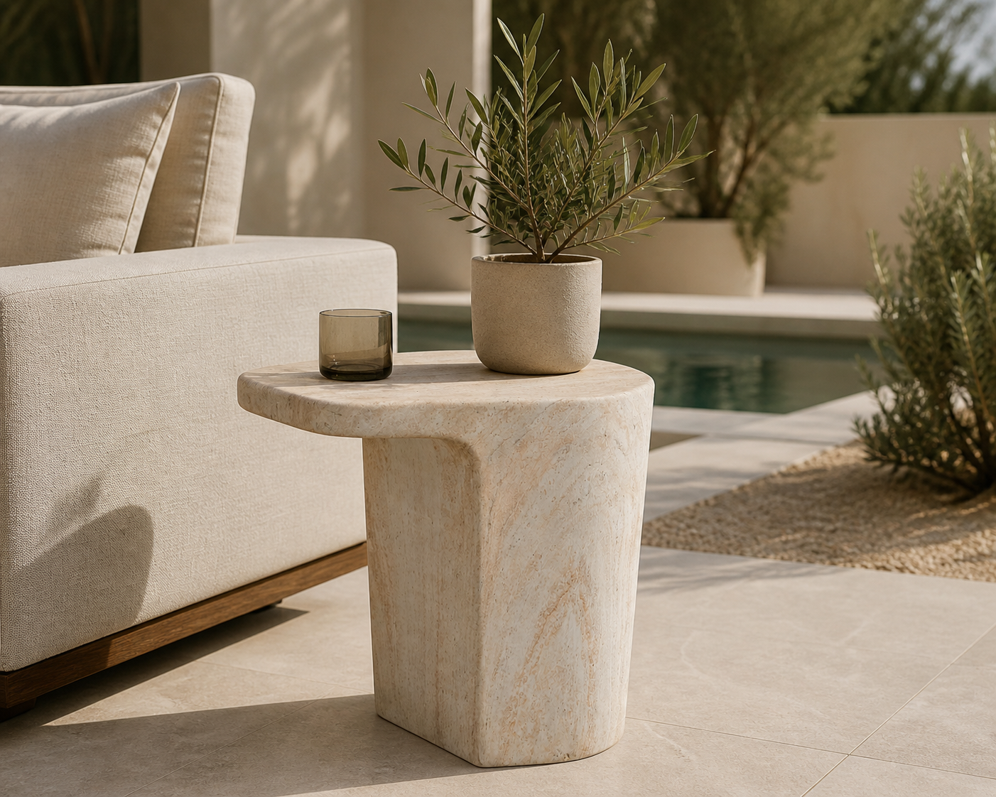 Lightweight Eco Stone Indoor/Outdoor Table, Travertine Finish, Natural Color