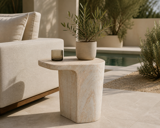 Lightweight Eco Stone Indoor/Outdoor Table, Travertine Finish, Natural Color