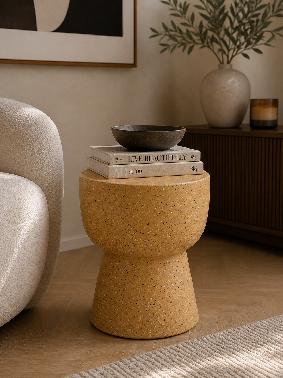 Terrazzo Table/Stool, Mustard & Multi Color