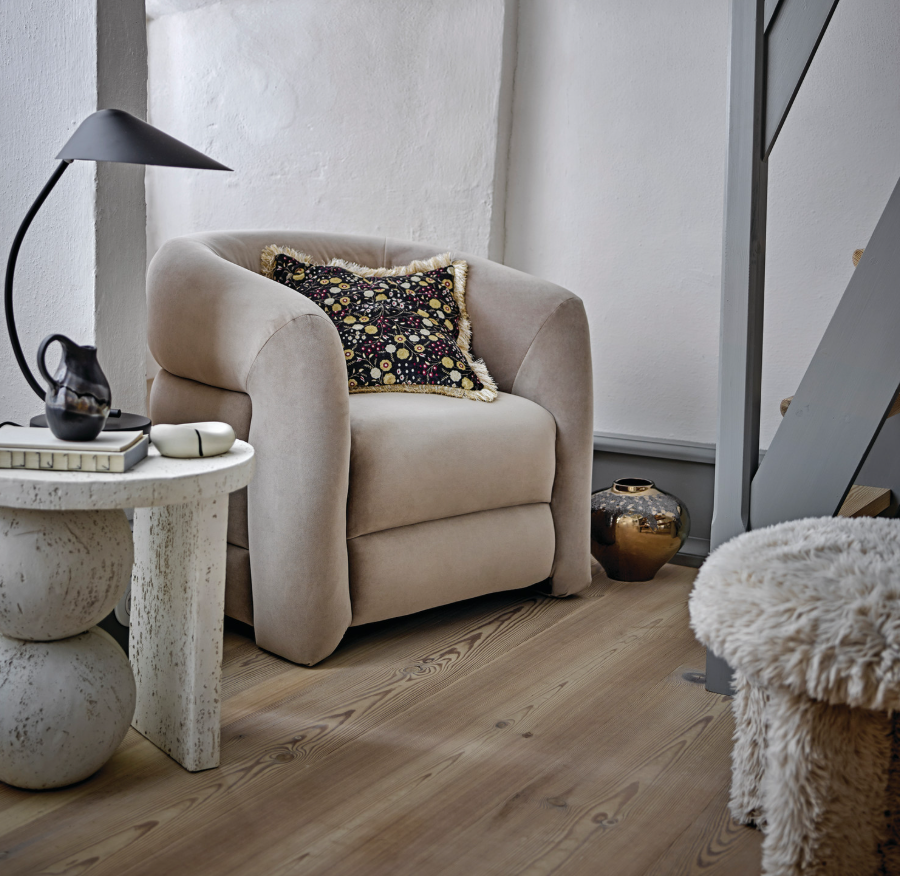 Resin Table with Stacked Ball Base, Travertine Finish, Cream Color
