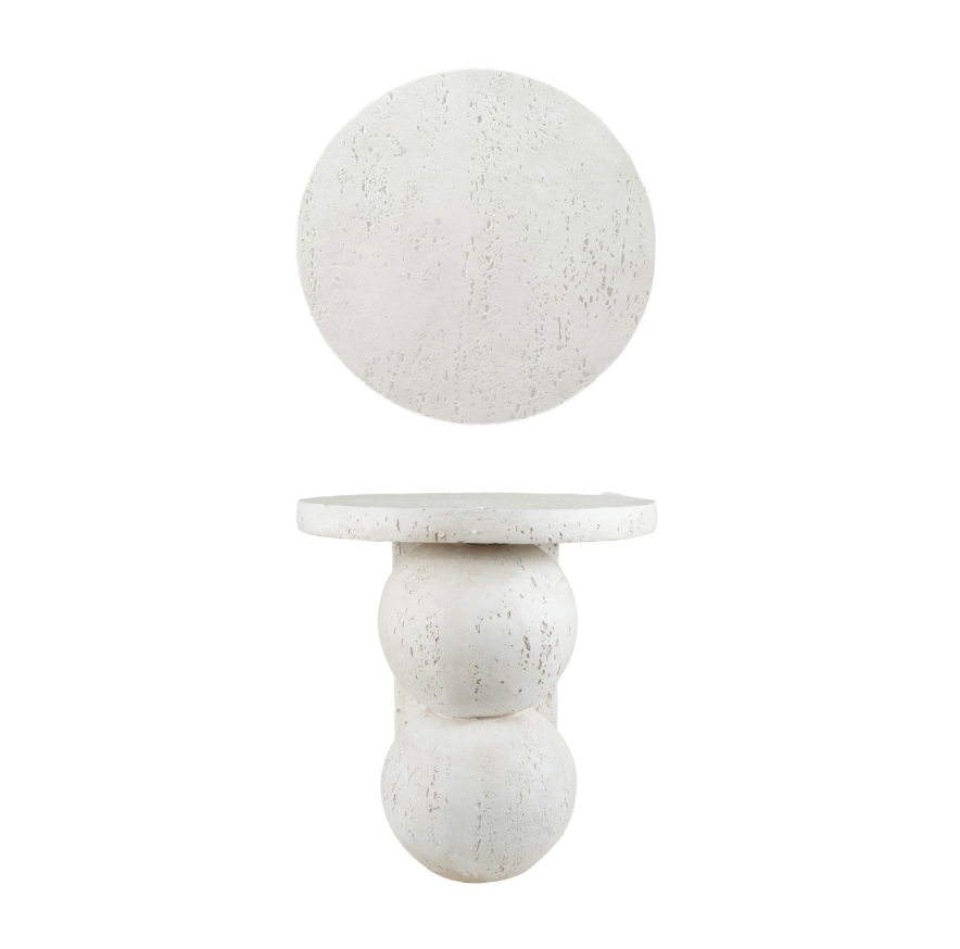 Resin Table with Stacked Ball Base, Travertine Finish, Cream Color
