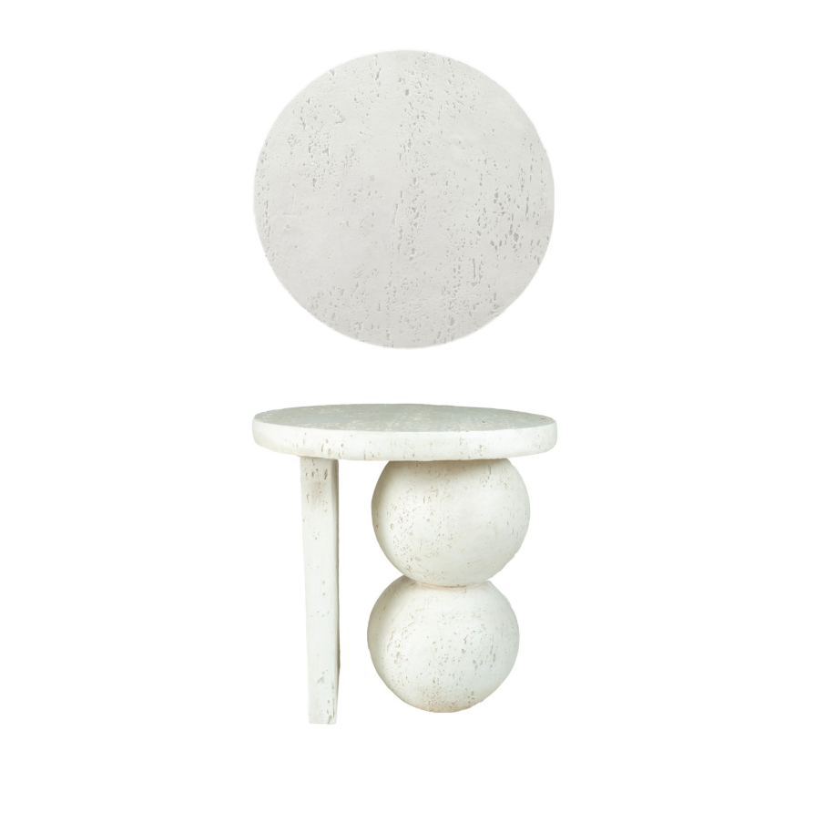 Resin Table with Stacked Ball Base, Travertine Finish, Cream Color