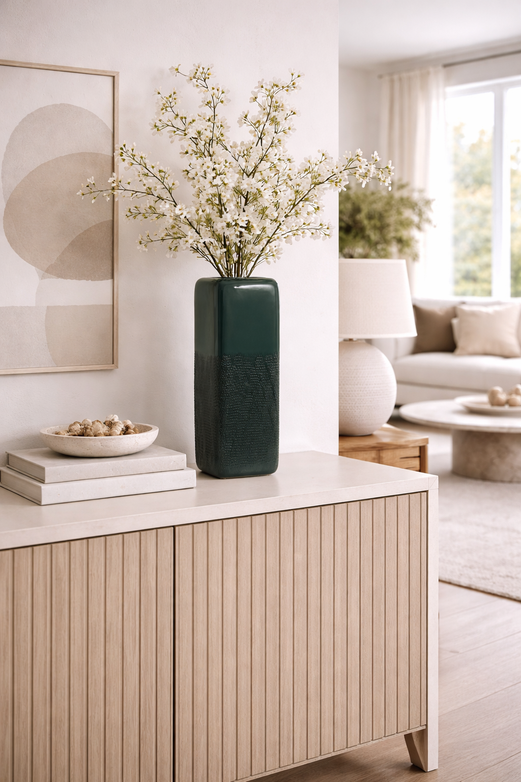 FOREST GREEN CERAMIC SQUARE VASE 18" GROOVED DESIG