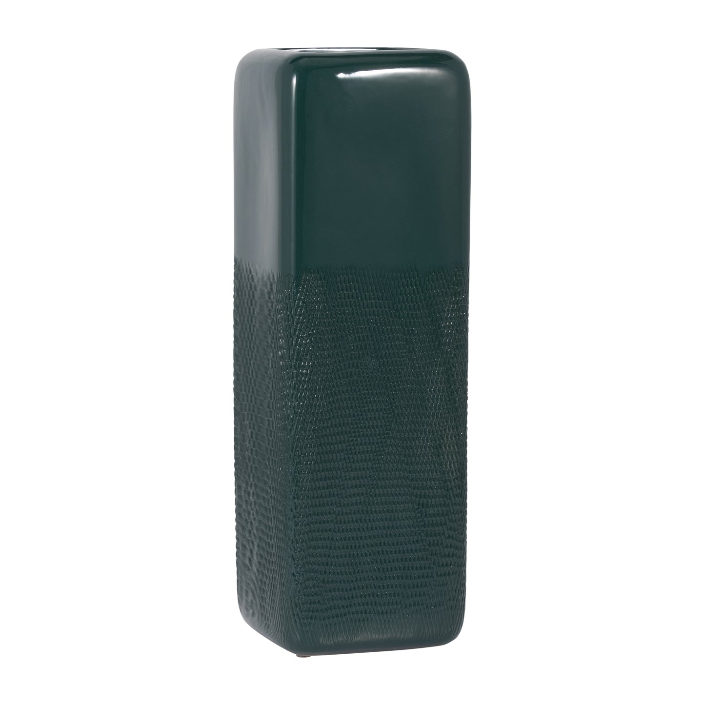 FOREST GREEN CERAMIC SQUARE VASE 18" GROOVED DESIG