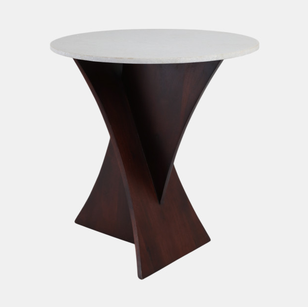 WHITE MARBLE TOP CRISS CROSS ACCENT TABLE 21x20"