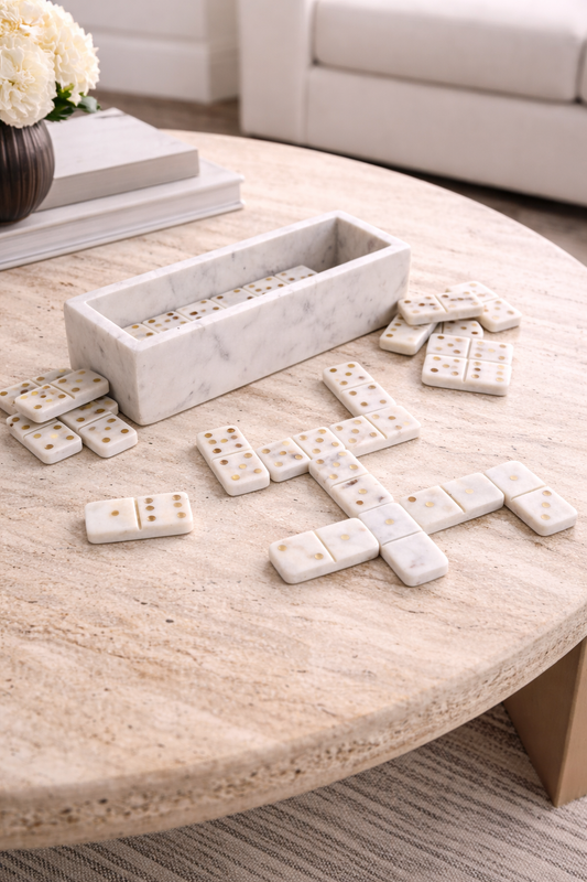 MARBLE DOMIONOES SET WHITE & GOLD 10X4"
