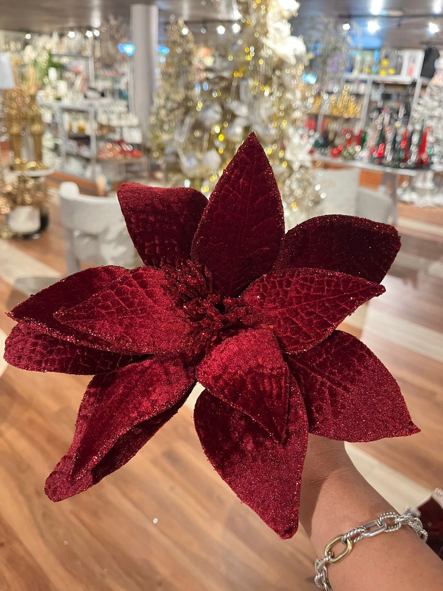 24" VELVET GLIT EDGE JWL POINSETTIA STEM