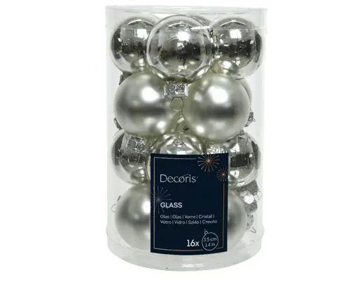 BAUBLES MINI GLASS SHINY MATT MIX SILVER 16 1.4"