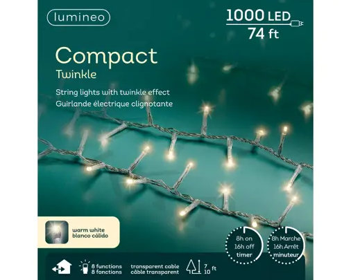 COMPACT TWINKLE 1000LED 74FT WARM WH CABLE CLEAR