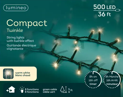 LED COMPACT TWINKLE 500LED 36FT WARM WHITE