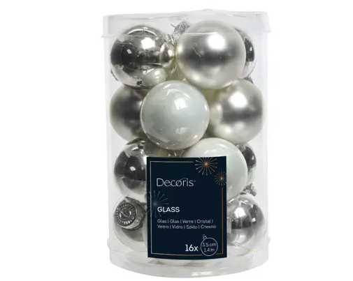 BAUBLES GLASS MINI SET 16 1.4" MIX SILVER/WHITE